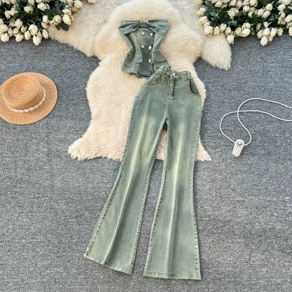 

Two Pieces Women Pant Set Denim Matching Set Button Pocket Strapless Top Zipper Empire Waist Full Length Flare Pants 2026 Summer