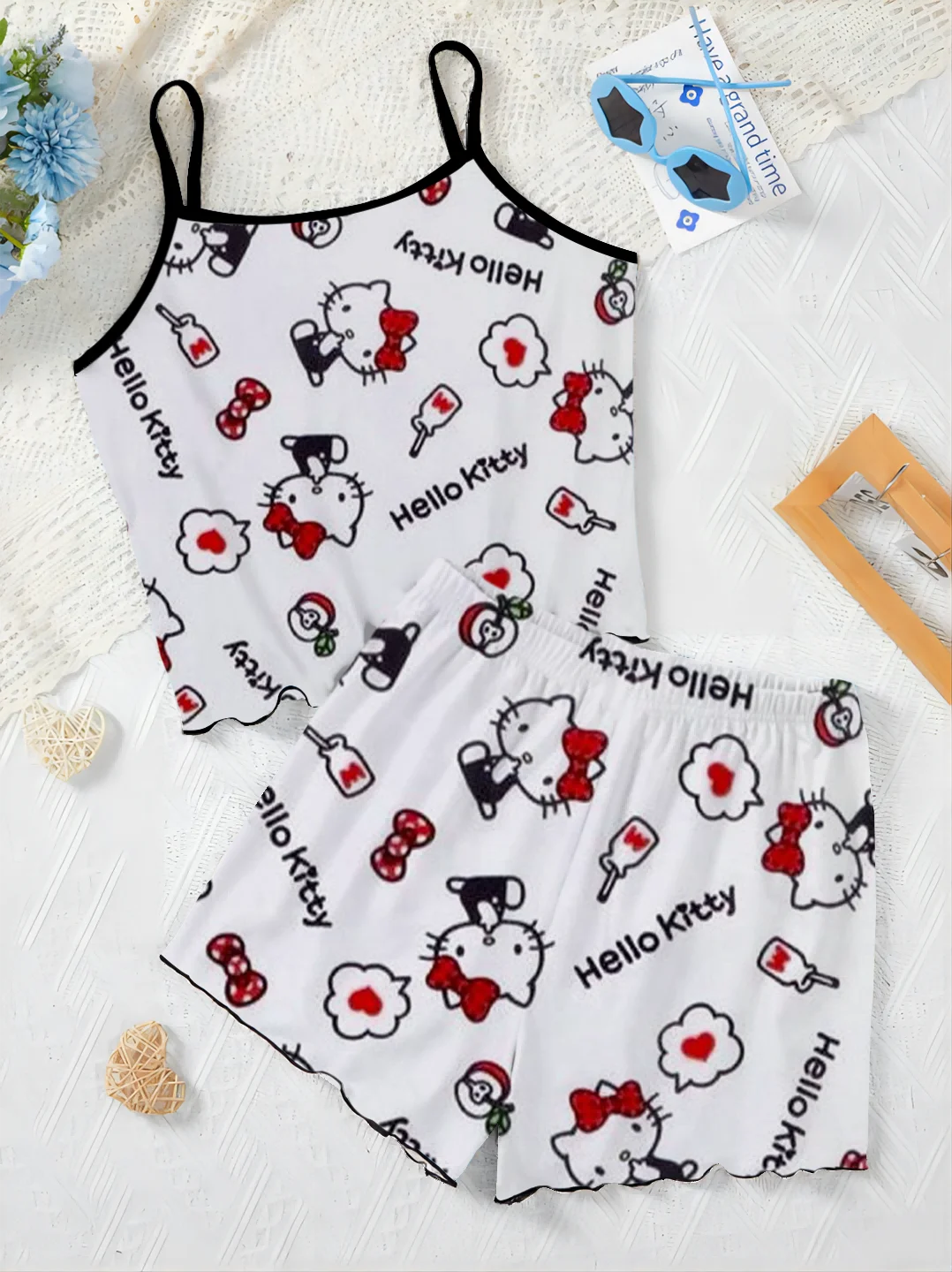 Conjunto de 2 piezas de ropa de Hello Kitty para mujer, camiseta y vestido, falda de pijama, Top elegante con ribete de lechuga, tendencia 2024