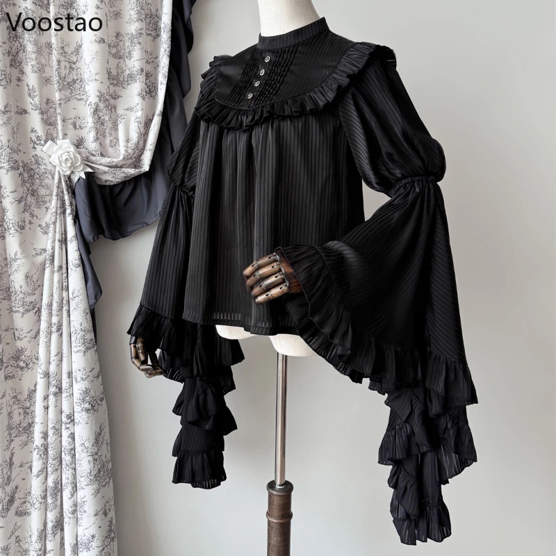 White Victorian Gothic Lolita Style Shirts Women Vintage Elegant Ruffles Long Sleeve Striped Blouses Female Y2k Blusas Mujer Top