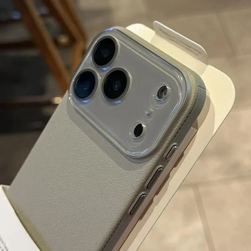 Coque de luxe en cuir à motif litchi pour iPhone 17 Air 16 15 14 Plus 13 12 Pro Max, couverture de Protection d'objectif d'appareil photo entièrement en verre, coque iphone 15 17 pro max