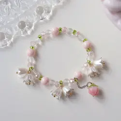 New Design Sweet Vintage Pearl Lily Flower Bracelet for Women Korean Cute Tassel Pink Peach Pendant Bracelet Aesthetic Jewelry