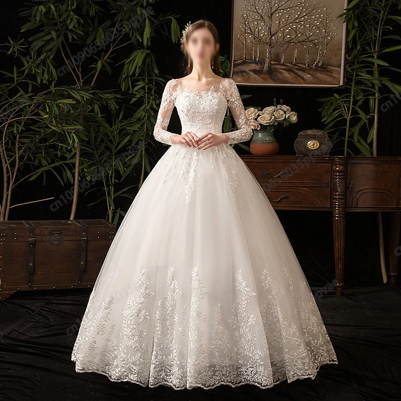 OXSEY Wedding Dresses Flower Pattern Lacet Ransparent Long Sleeve Princess Style Brides Dress Elegant Women Gown