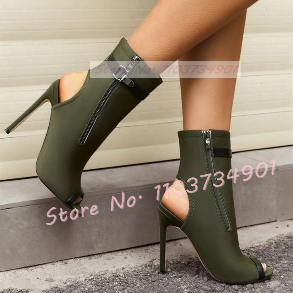 Denim Leather Bare Heel Peep Toe Boots Women Fashion Zipper Decor Mid Calf High Heels Shoes Female Lady Solid Stiletto Boots