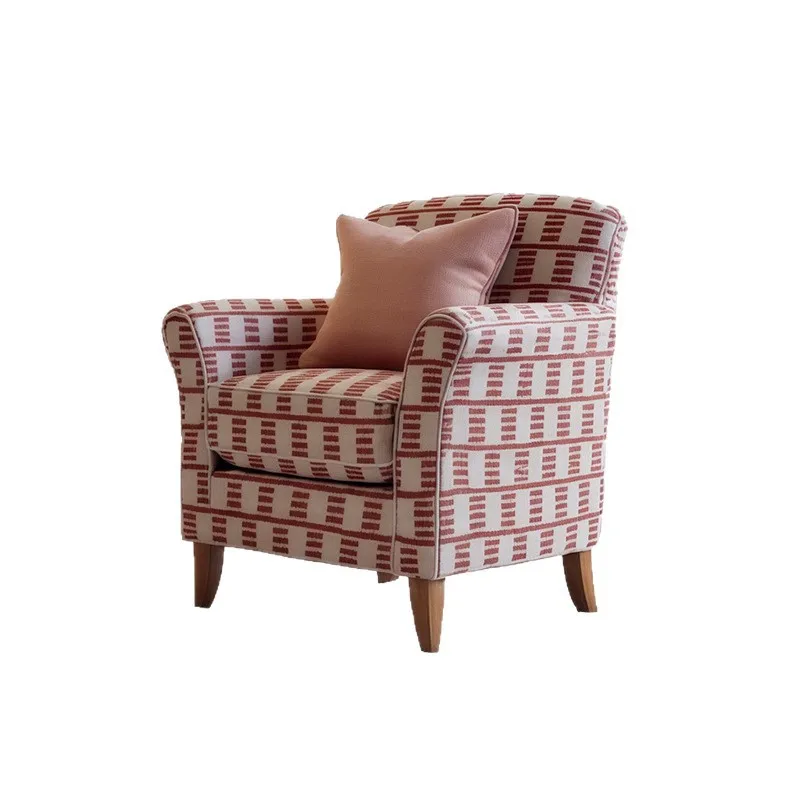

American retro fabric plaid single sofa chair living room home bedroom French leisure chair