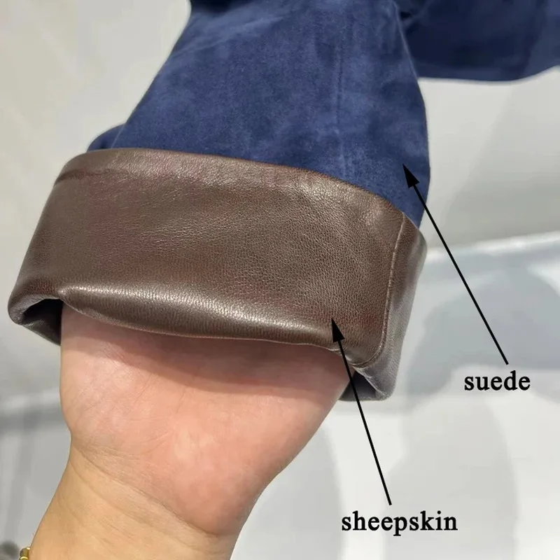 Veste en daim rétro importée pour femme, manteau en cuir contrasté, bleu marine, court, Locomotive, automne-hiver, 2025