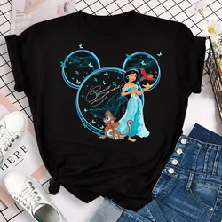 Camiseta feminina com gola redonda, blusa fofa, princesa sereia, Mickey Head, moda casual