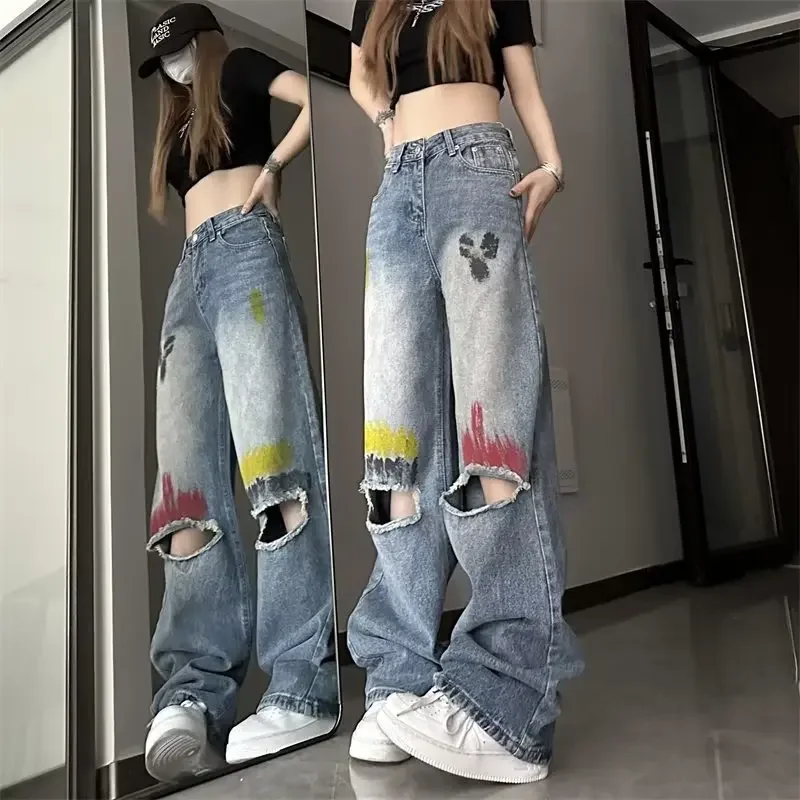 

Летние джинсы с дырками, женские джинсы в стиле Харадзюку, шикарные брюки в стиле ретро с высокой талией, джинсовая одежда, студенческая готическая красочная конструкция
