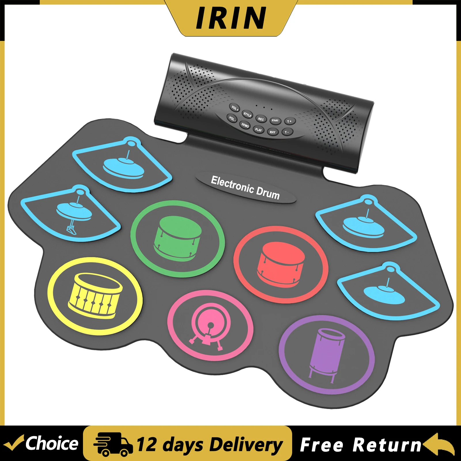 IRIN Electronic Drum Set Hand Roll Drum Portable Percussion Instrument Bluetooth MIDI Drum Pad with Dual Pedals Drumsticks