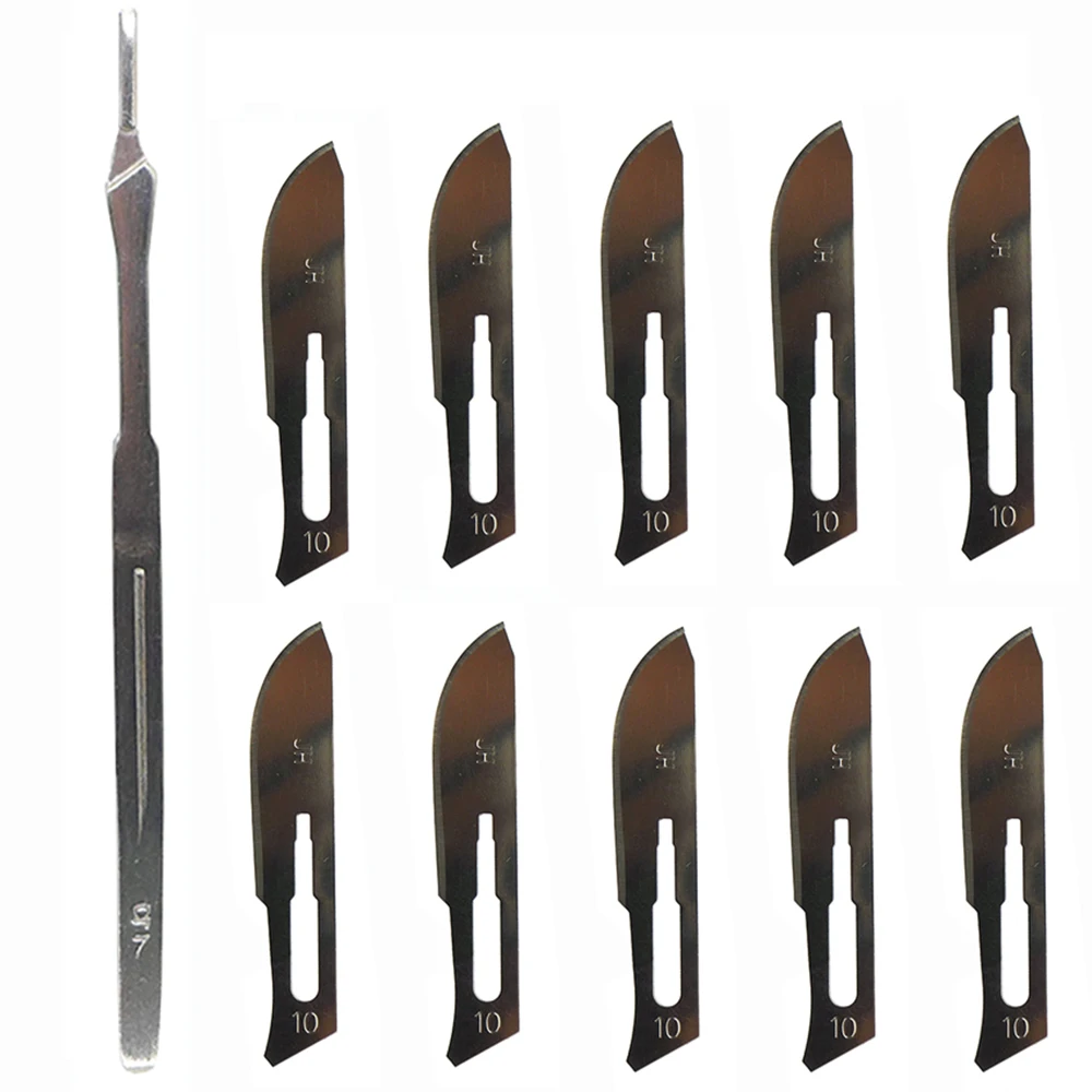 10PCS Carbon Steel Scalpel Blade 10# 11# 15# with No. 7 Long Handle Industrial Cutting DIY Carving Animal Experiment Practice