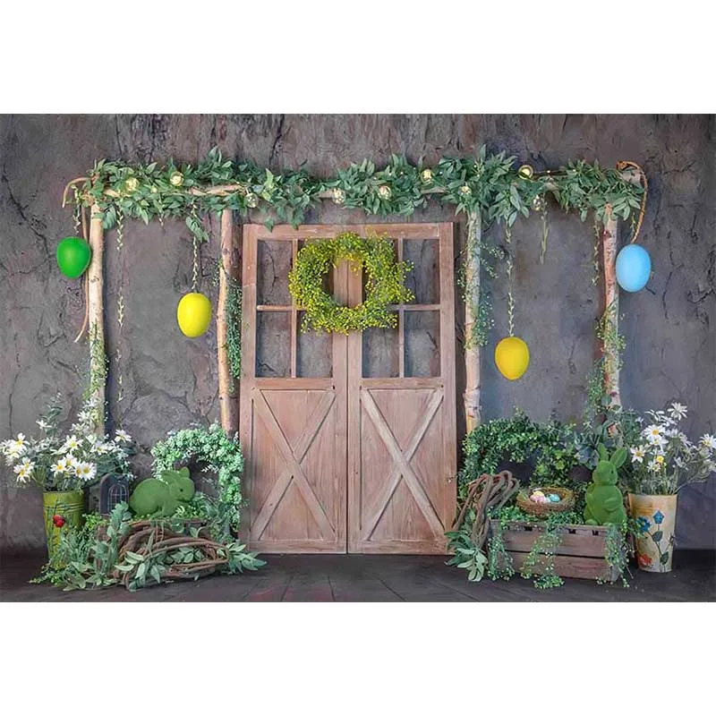 خلفيات Avezano لربيع عيد الفصح للتصوير الفوتوغرافي بيض الأرنب والعشب والباب الخشبي صورة الطفل خلفية ديكور استوديو الصور