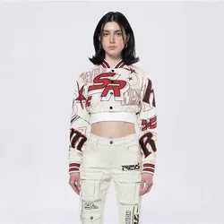 2024 Fashion American Embroidered Jacket Women Hipster Letter Print Autumn Casual Sporty Wild Streetwear Uniform Trend Crop Coat