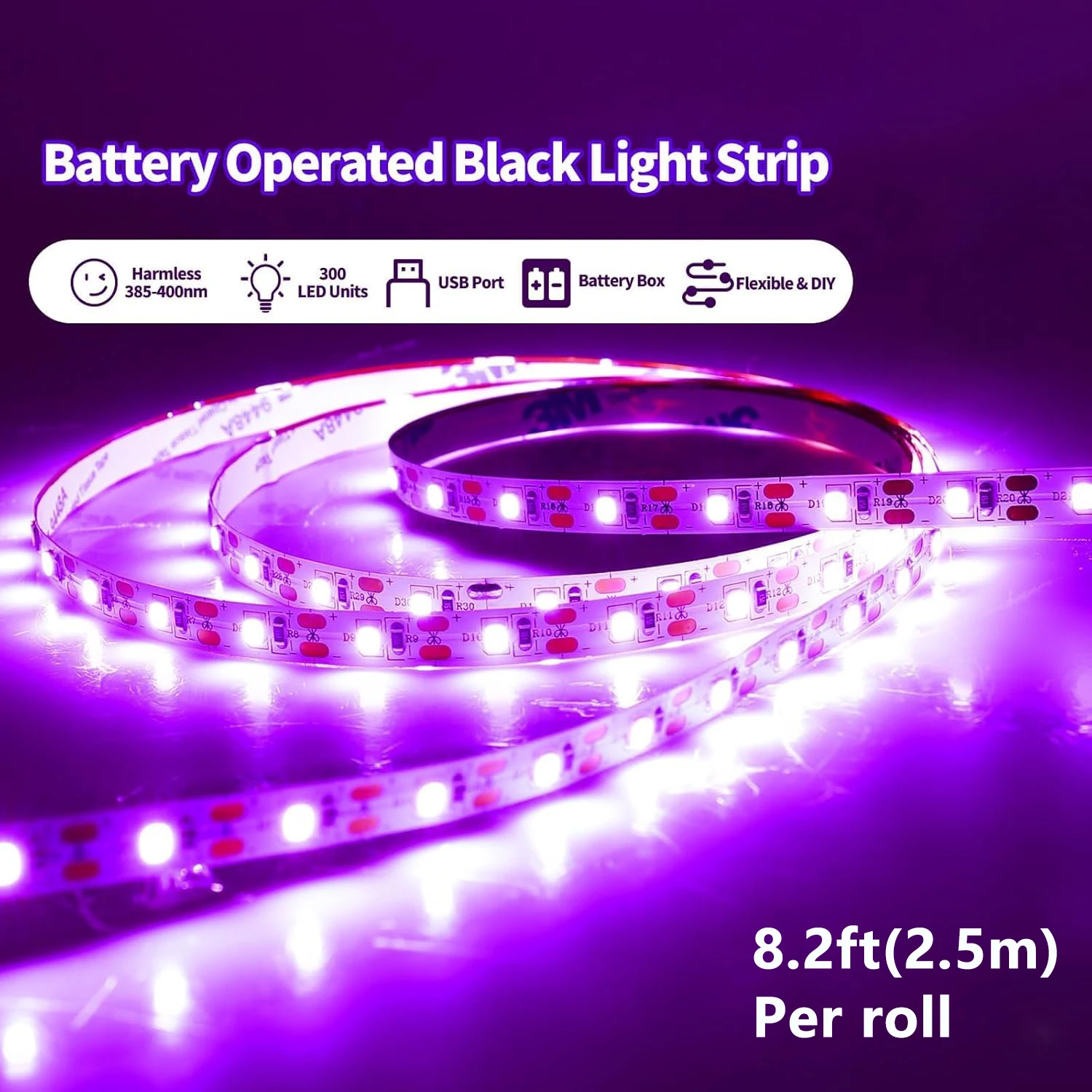 1/2/3/4/5/6pack 8.2FT(2.5M) USB  DIY LED Black Light Strip with Battery Box,  for Halloween Birthday Party Fluoresc