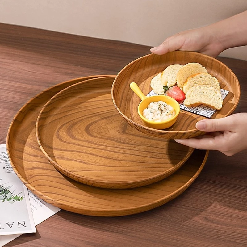 

PP круглый поднос с эффектом древесины, пластиковый поднос для чая, тарелка для закусок и тортов и кондитерских изделий, бытовой подстаканник, миска для фруктов, кухонные аксессуары