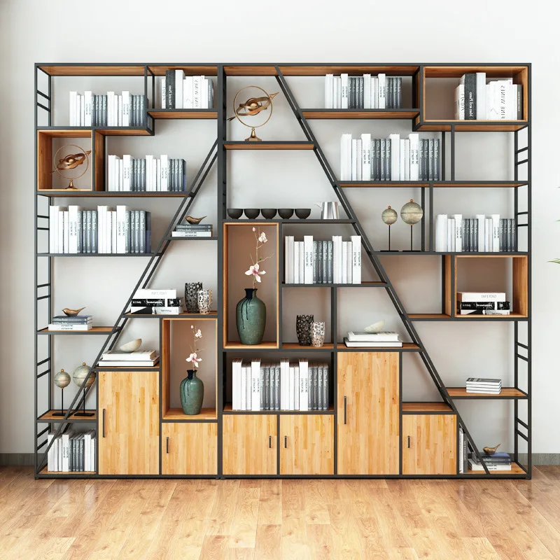 Wrought iron bookshelf shelf floor standing bookcase creative, modern simple living room, Nordic study, solid wood office