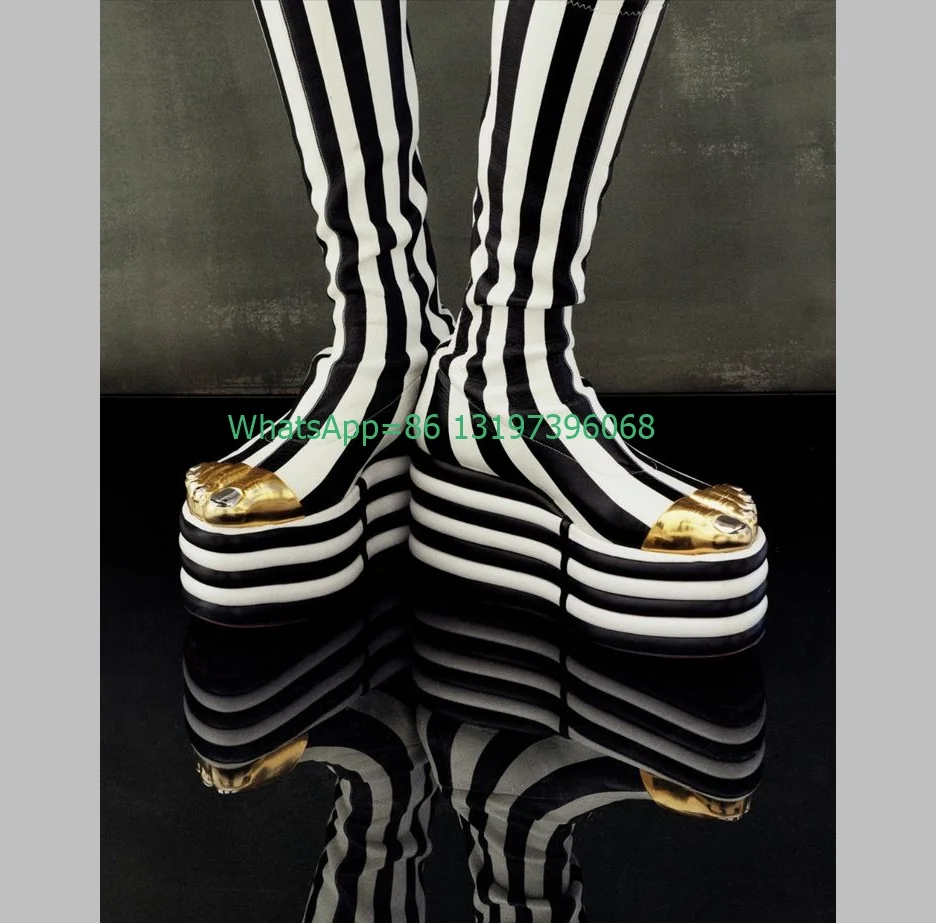 Lady Zebra Printed Design Knee Boots Gold Five Finger Design Platform Boots Height Increaseing Runway Boots Back Zip Boots 36-43