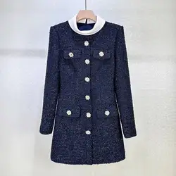 Quality Autumn Winter Short Tweed Dresses Women Long Sleeve Single Breasted Golden Button White Collar Mini Sheath Dress Brand