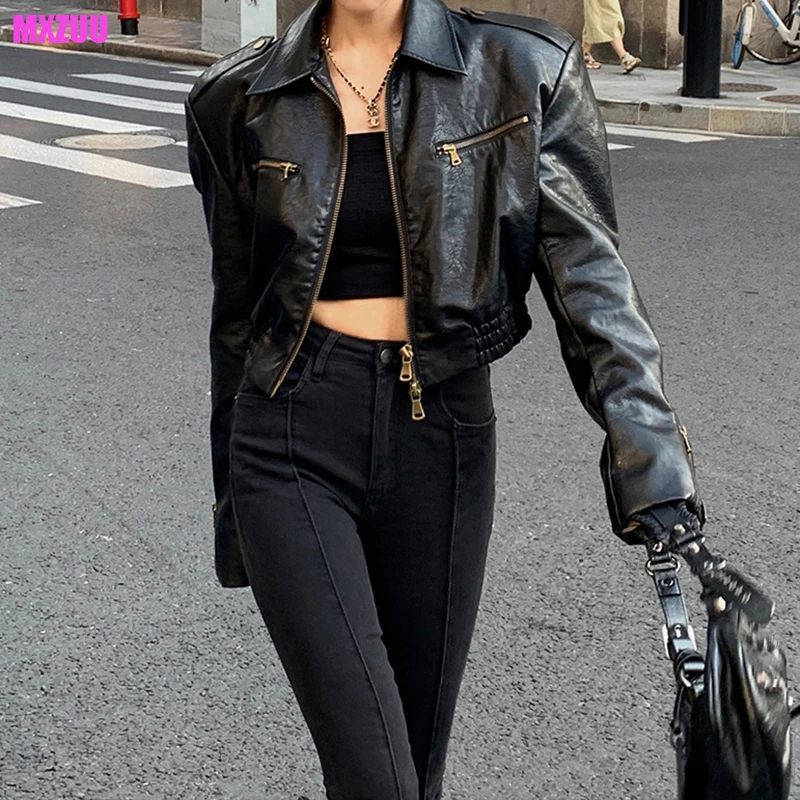 

Women's Genuine Leather Jacket Lapel Two-Way Zipper Retro Oil Wax Skin Cow Leather Sexy and Hot Short Coat With Padded Shoulders