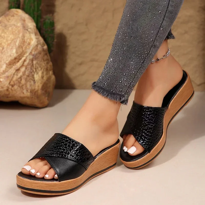 Female Sandals Hemp Wedge Mujer Platform Sandals Summer New Women Wedges Leather Pu Casual Sandale Woman Footwear Slippers