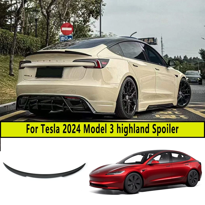 

For Tesla 2024 Model 3 highland Carbon fiber pattern Trunk Lid Spoiler Wing Car Tailgate Flap Trim Decklid Body ABS Accessories