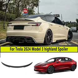 For Tesla 2024 Model 3 highland Carbon fiber pattern Trunk Lid Spoiler Wing Car Tailgate Flap Trim Decklid Body ABS Accessories