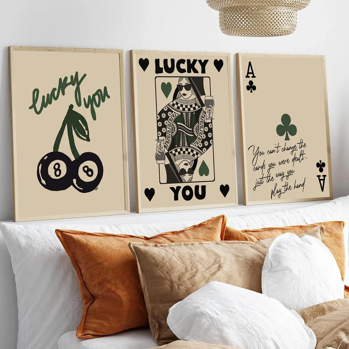 Pósteres de lienzo con diseño de bola 8 Lucky You de estilo vintage, divertidos cuadros de pared con tarjetas de as en verde y negro para decoración romana