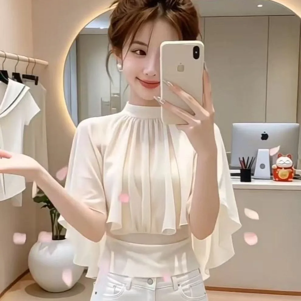 

Elegant round Neck Cape Sleeveless Women's Shirt Slim Fit Polyester Fabric Summer Fashionable Top Breathable Short Sleeve