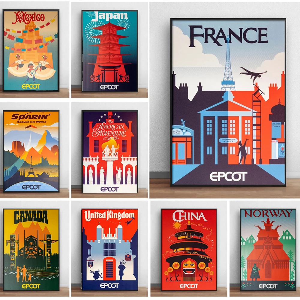 Disneyland Epcot Attractions Posters Prints For Room Walt Disney World Magic Kingdom White Kraft Paper Wall Art Home Decor