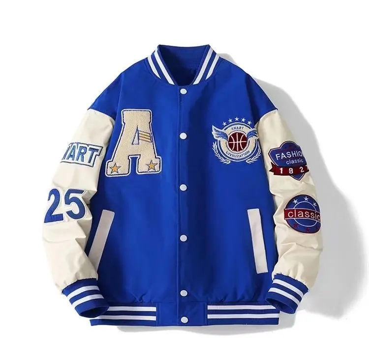 Mens Spring Fall Varsity Jackets Embroidery Korean Fashion Loose Baseball Uniform Couple Blue Retro Leather Sleeve Bomber Coats