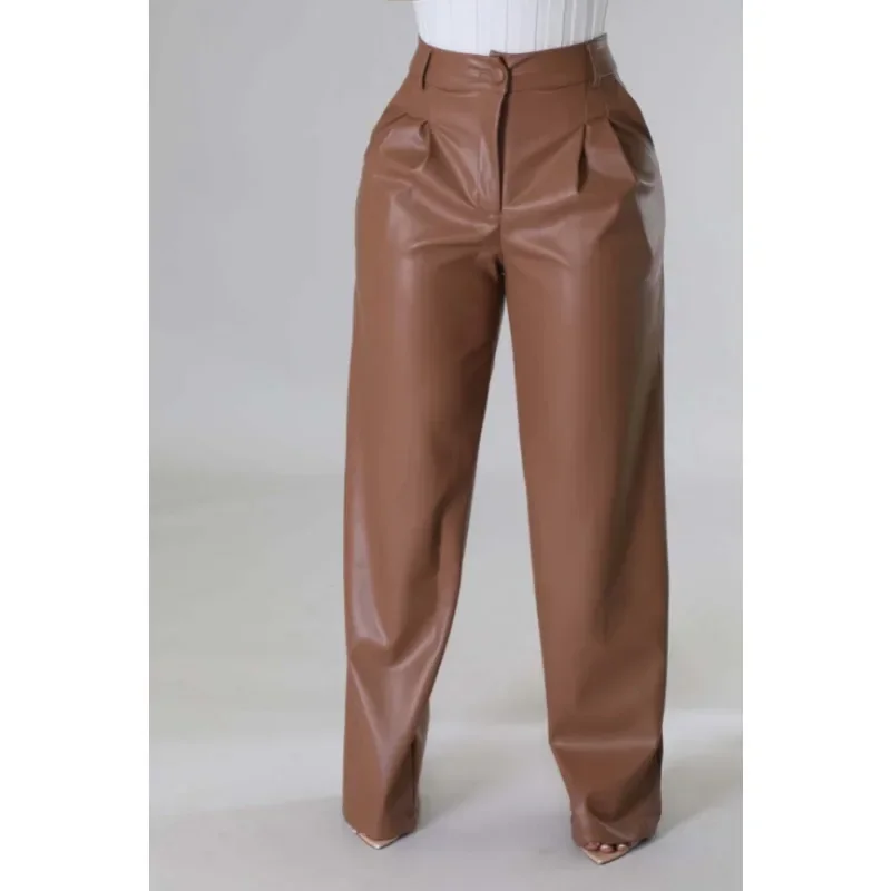 

Autumn and Winter PU Pants Fashion Women Casual Loose Wide Leg Leather Pants Vinage Pocket Trousers Elegant Pantalon 30033