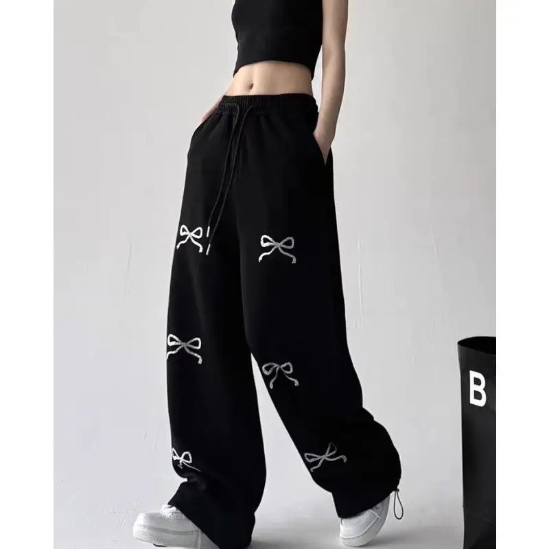 الرجعية عالية الخصر Sweatpants غير رسمية ربطة القوس فيونكة طباعة واسعة الساق السراويل الإناث الرباط السراويل Widcasual الهيب هوب الرقص الشارع الشهير