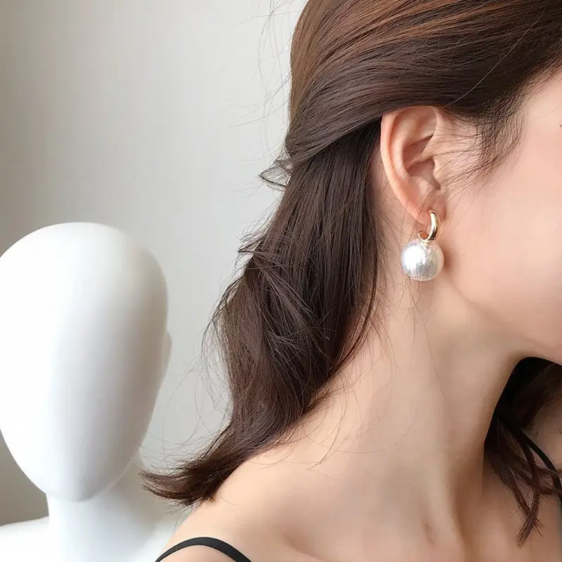 Korea Oversized Pearl Drop Earrings for Women Bohemian Golden Round Big Ear