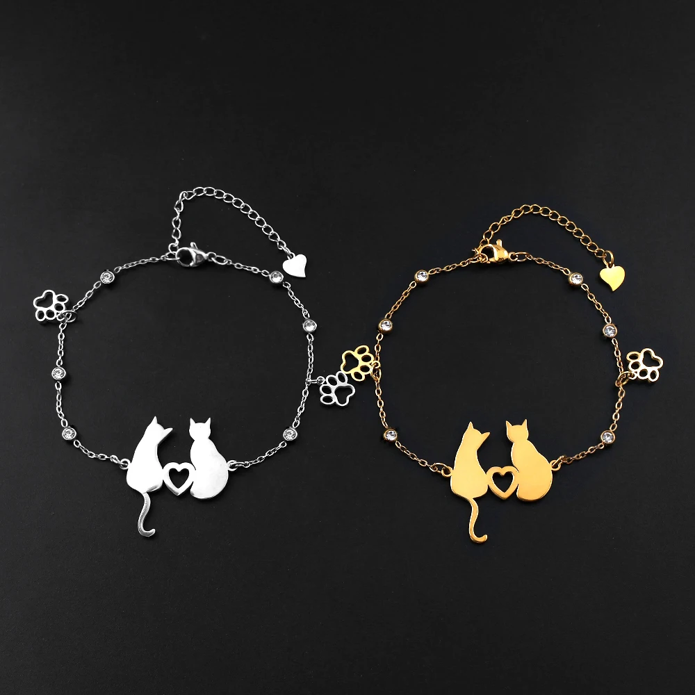 Stainless Steel Cute Cat charm Bracelet Animal Cat's Paw Pendant Bead Chain Rhinestone Bracelets for Women Jewelry Birthday Gift