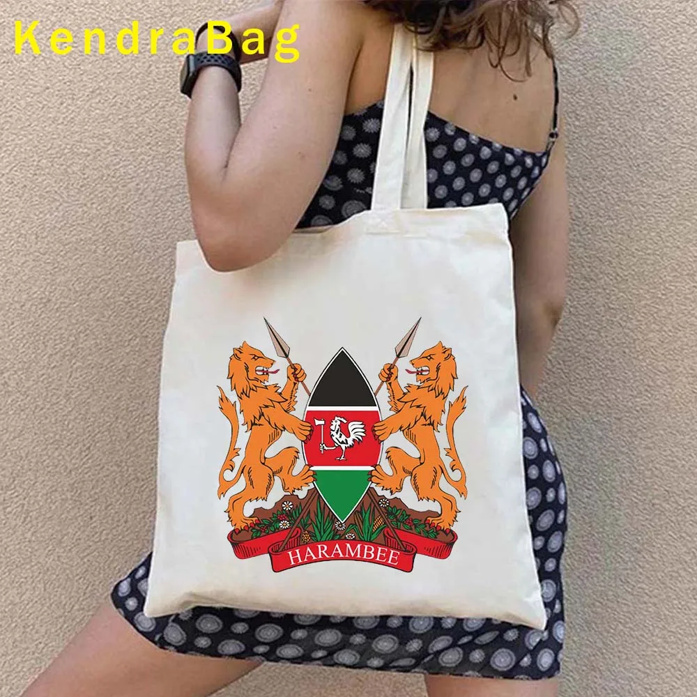 Kenya Coat of Arms Flag Map Retro Giraffe Kenya Landscape Kenyan Girl Love Heart Canvas Shoulder Tote Bag Shopper Cotton Handbag