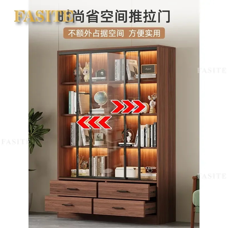 For Solid Wood Bookcase with Sliding Glass Doors Living Room Wine Cabinet Study Display Shelf Figure Locker Storage Furniture