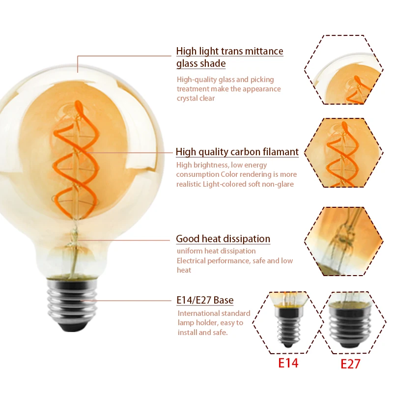 6pcs/lot Retro LED Spiral Filament Light Bulb 4W 2200K 220V E14 E27 C35 A60 T45 ST64 T185 T225 G80 G95 Vintage Edison LED Lamp