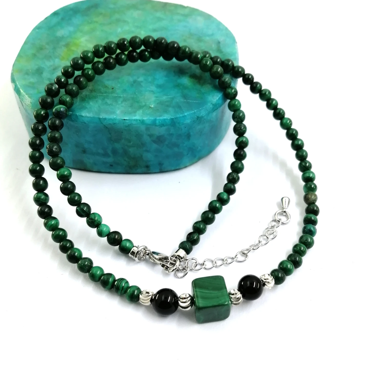 Elegant Malachite Beaded Necklace - Delicate 4mm Malachite Rounds with 8x8mm Square and 6mm Black Onyx Beads Adjustable Length