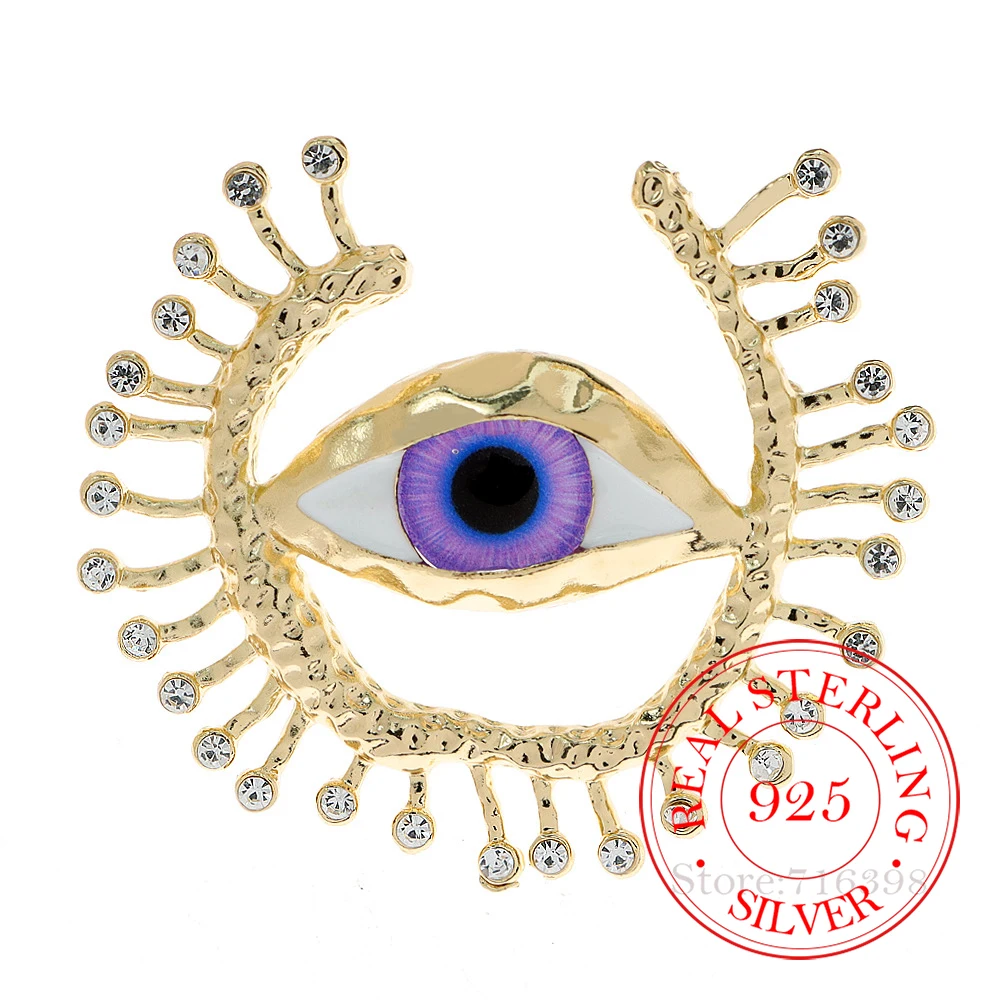

925 Silver Brooch Fashion Gold Crystal Eye Brooches Pin for Women Luxury Brand Designer Female Accessories Hmong Jewelry Gift