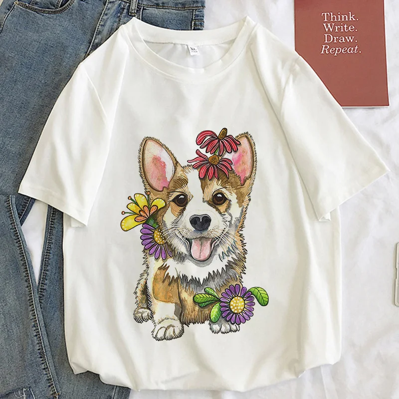 

Corgi Kawaii Graphic Print T-shirt Women Harajuku Aesthetic White Top Kpop Tshirt Tee 2023 New Summer Fashion Y2k Female T Shirt