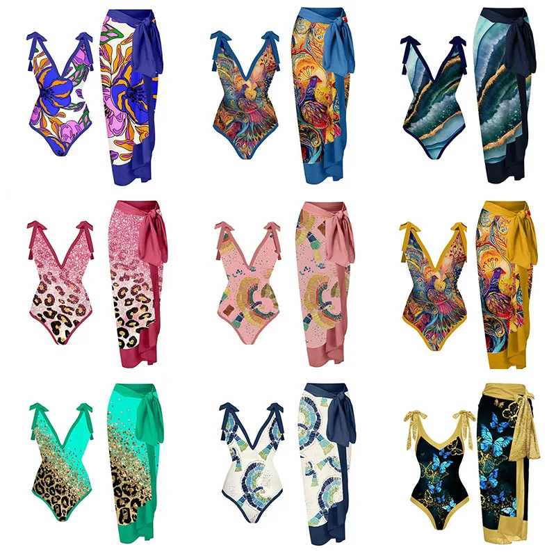 

New Bikini Printed Conservative Swimwear Shawl Blouse Beach Dress Retro One-Piece Swimsuit for Women