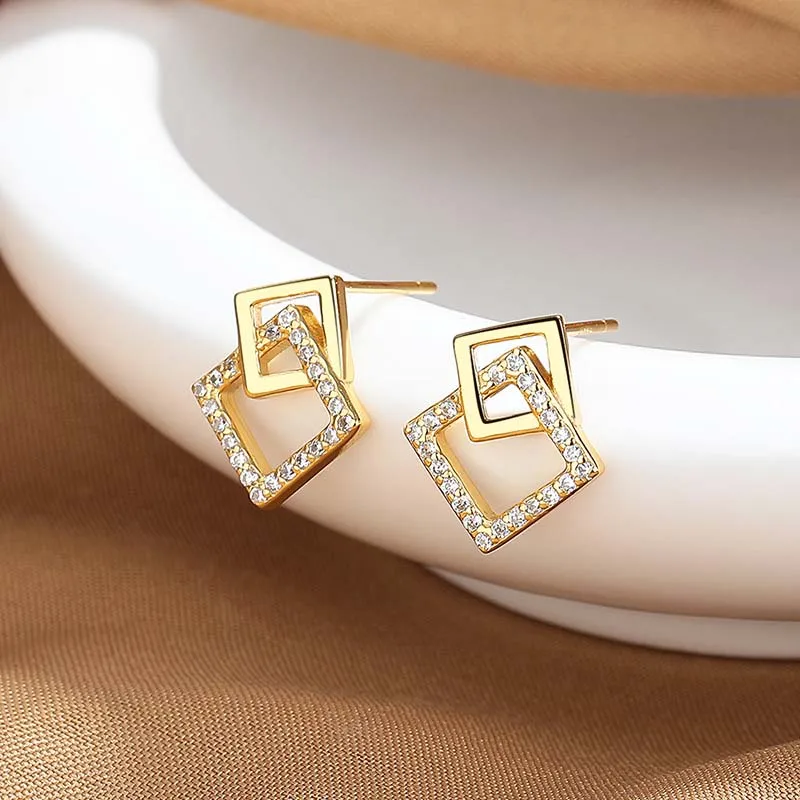 Korean Geometric Double Layers Rhombus Earrings for Women Gold Color Crystal Temperament Earring 2024 Fashion Jewelry Gift