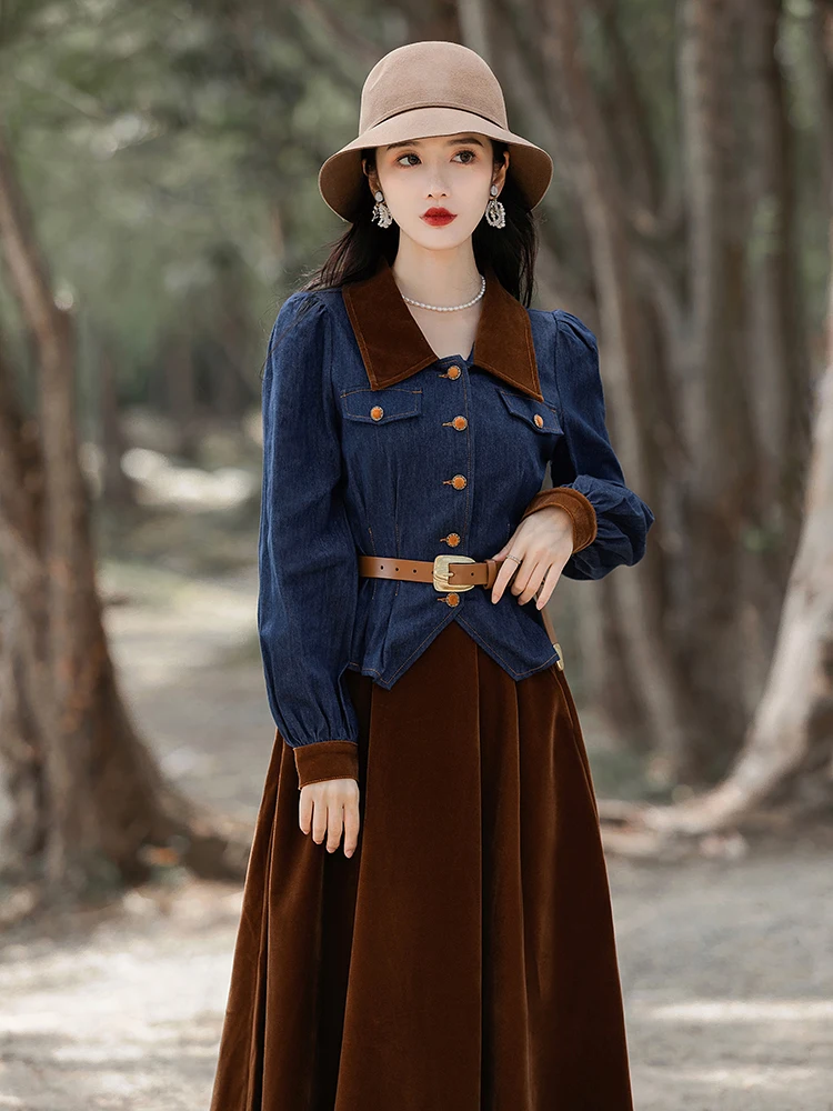 Vintage Fashion Two Piece Skirt Set Women Spring Autumn Long Sleeve Denim Jacket and Long Velvet Skirts Korean Outfits