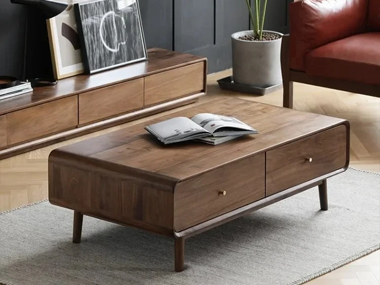 

muebles para hogar Nordic round Corner Coffee Table North America Black Walnut Solid Wood with Drawer Coffee Table Japanese Coff
