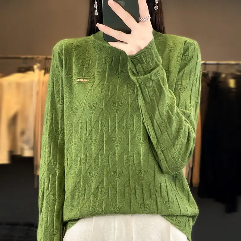 Office Lady Solid Color Pullover Lantern Long Sleeve Screw Thread Sweater Knitted Elegant Women\'s Clothing Autumn Winter Tops