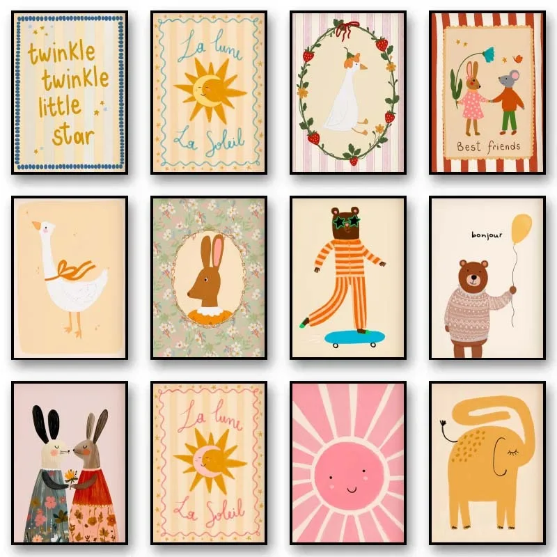 1 Stück Rahmenloses Tierposter Druck Nordischer Stil Blumen-Hase Kinderzimmer Coole Bären-Gänse Fantasievolle Hasen-Drucke Raumdekoration