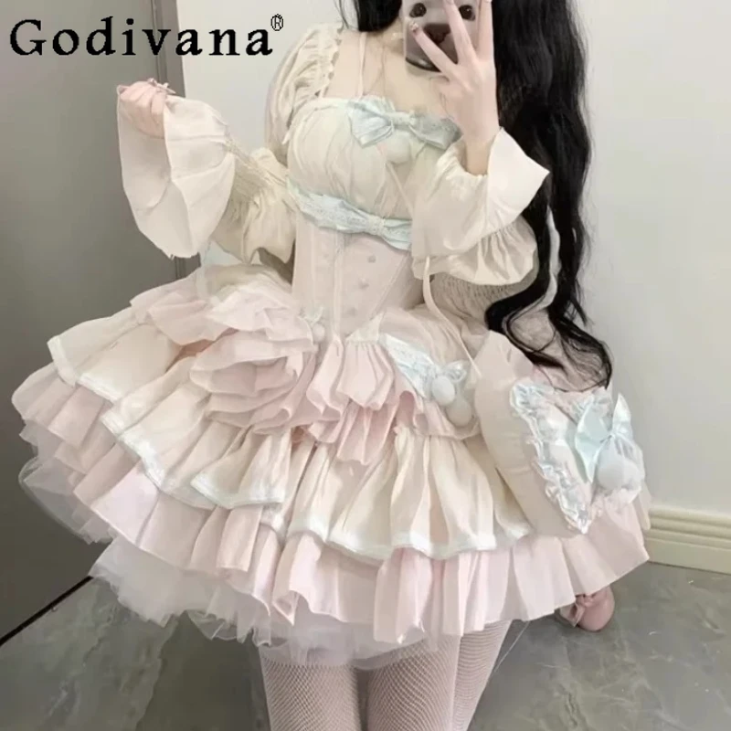 

Spring Sweet Lolita Pink Square Collar Birthday Princess Dresses Fashion Girl Versatile Age Reduction A-line Long Sleeve Dress