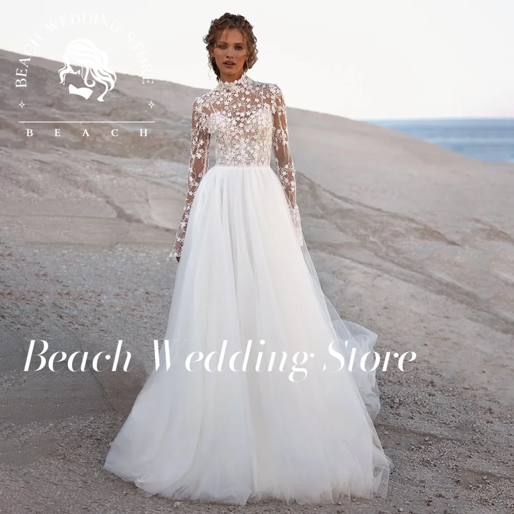 

Beach Elegant Hight Neck Embroidered Tulle Lace Long Sleeves A-Line Wedding Dress 2025 Simple Appliques Bridal Gowns Customized