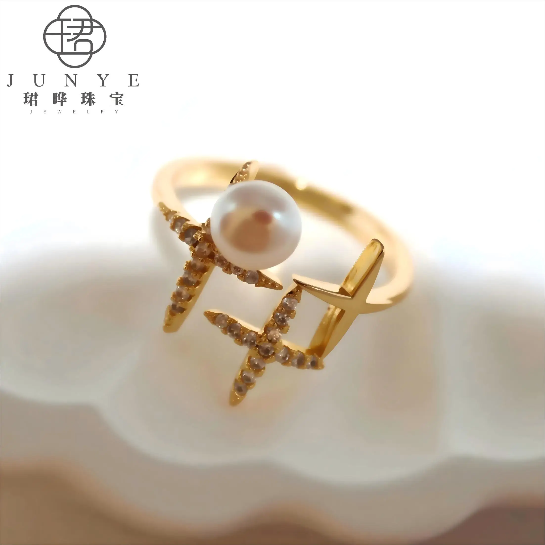 

Высококачественное открытое кольцо с натуральным жемчугом и звездным блеском, модный нишевый дизайн для банкетных вечеринок, подарочная коробка в комплекте