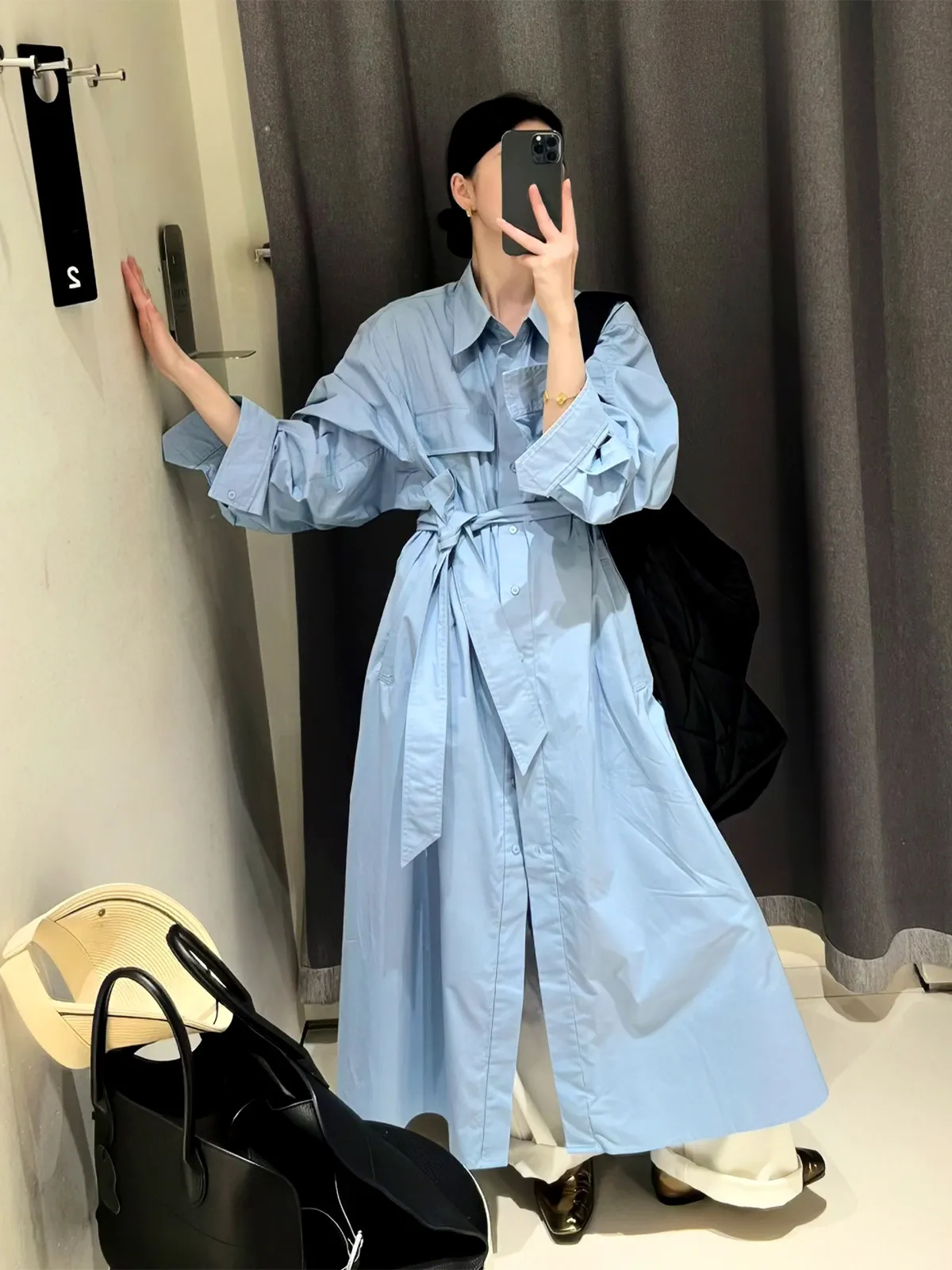 

SuperAen Spring New French-style Design Blue Shirt for Women Belted Waist Simple Office Lady Elegant Long Dresses