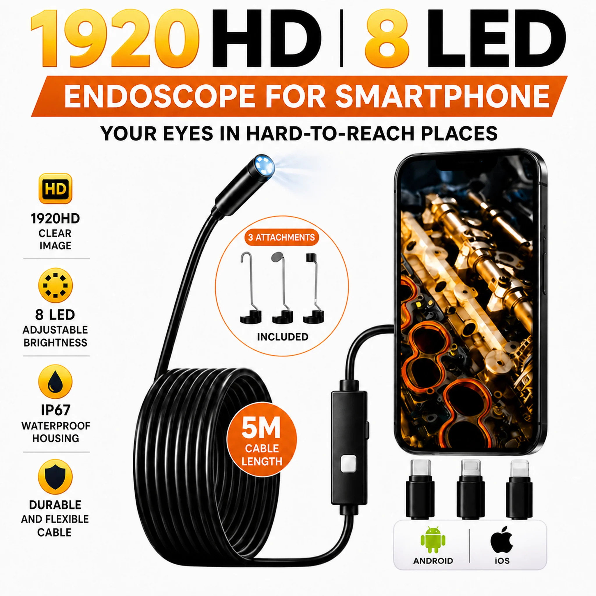 3-in-1 HD Dual Port Endoscope Camera for iPhone, Android & PC