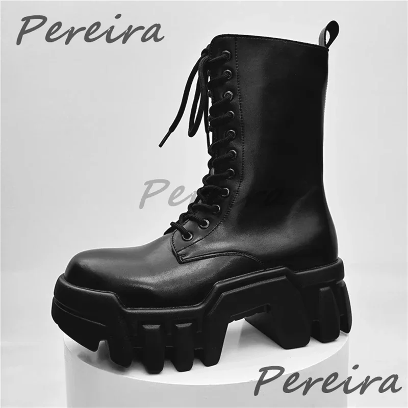 

Men's Thick Soled Motorcycle Boots Fashion Niche 8Cm Chunky Platform Calf Boots Round Toe Cross Strap Zipper High Top Shoes